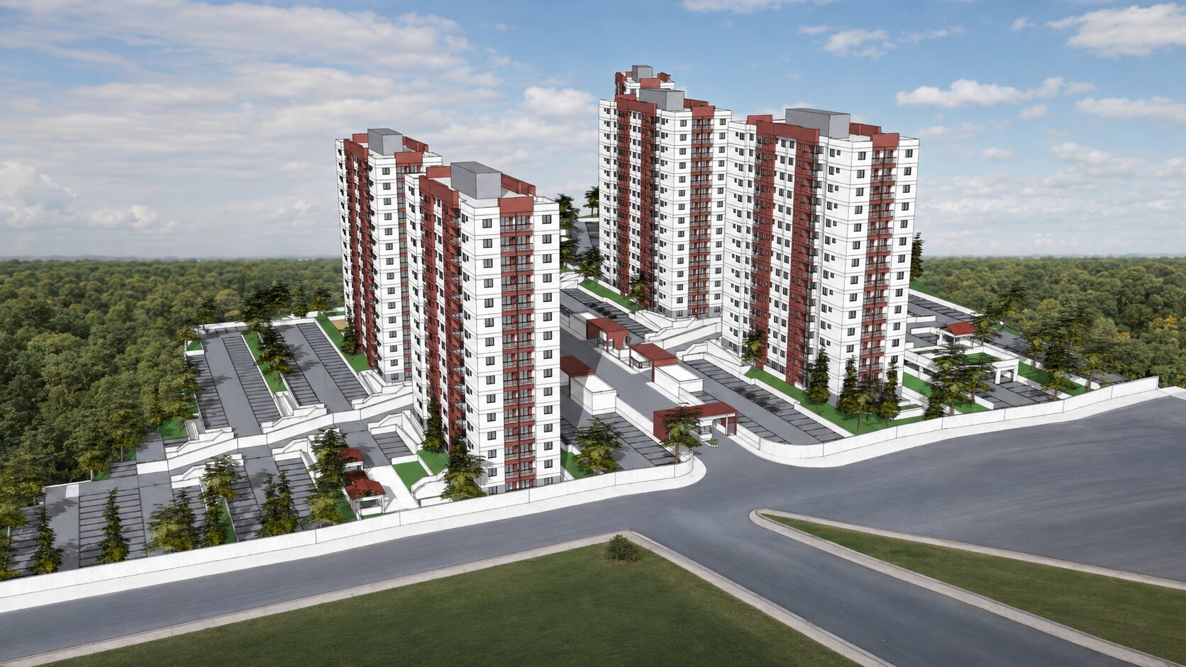Perspectiva ilustrativa de projeto residencial com quatro torres